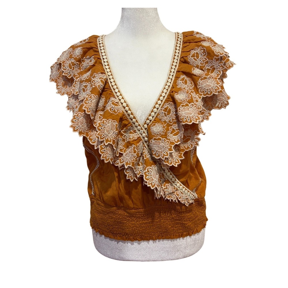 Anthropologie Sz L Wrap Top Mustard Yellow Embroidered Lace Boho Beach‎ Festival